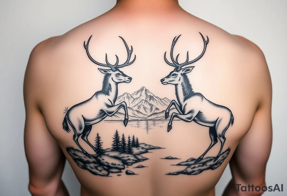 Quarter sleeve Black and grey realism Nature scene with two stags fighting in the foreground include mountains water and trees tattoo idea