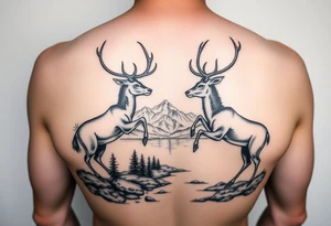 Quarter sleeve Black and grey realism Nature scene with two stags fighting in the foreground include mountains water and trees tattoo idea
