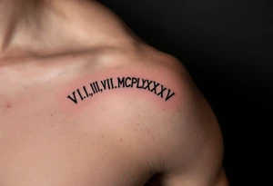 Dark ink VI.VIII.MCMLXXXV arched over the shoulder blade, with cracked marble texture for a timeless look. tattoo idea