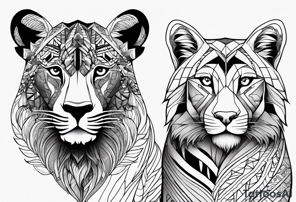 uma leoa, um leao e seus dois filhotes dentro de um retangulo tattoo idea