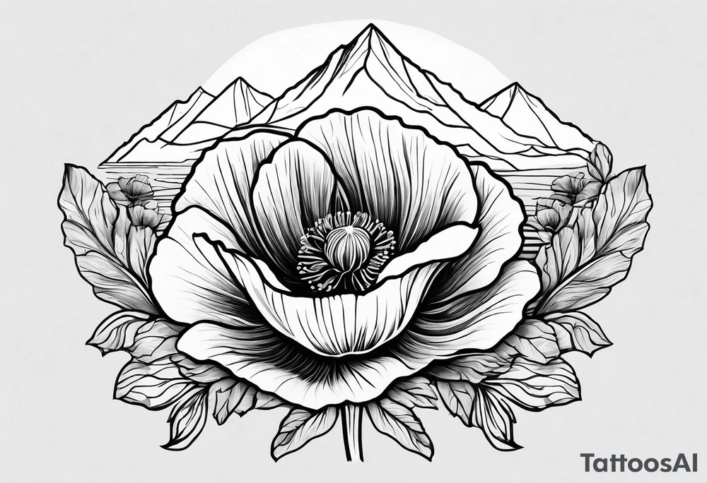 small poppy flower with mountains above it and the ocean below it tattoo idea