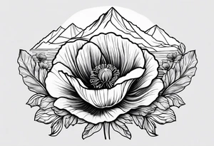 small poppy flower with mountains above it and the ocean below it tattoo idea