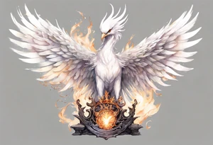 a white phoenix wearing a plain iron circlet, standing on a stone throne tattoo idea
