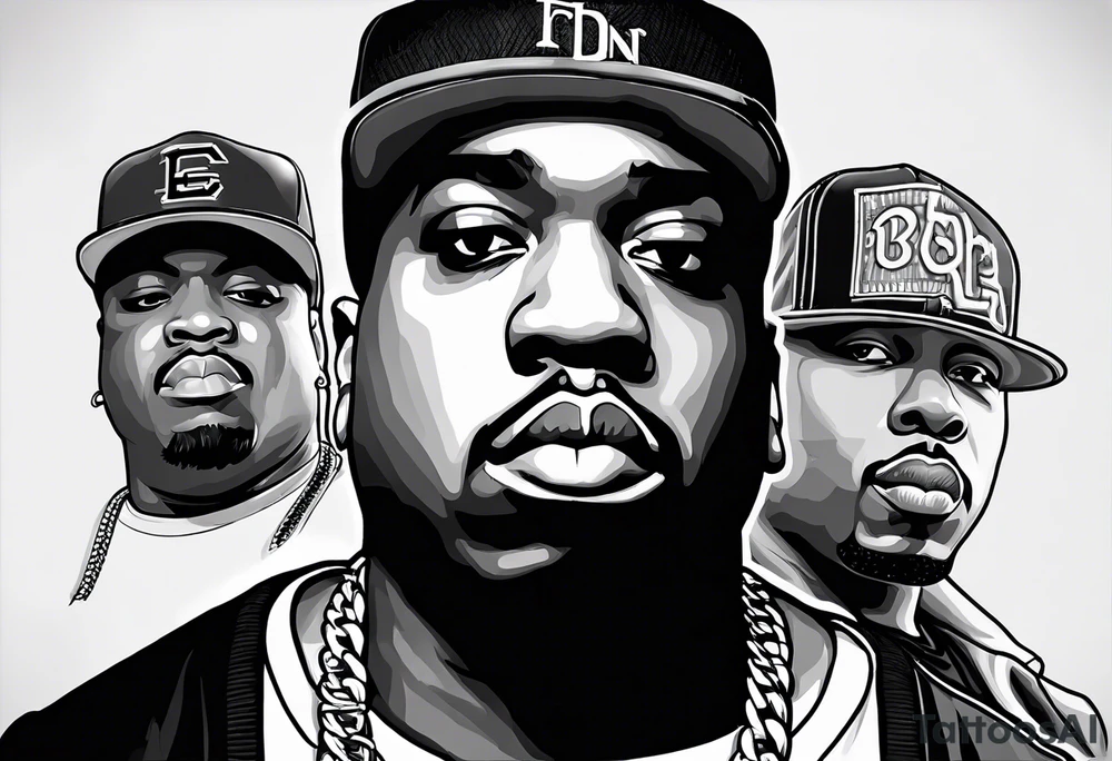 To design a leg sleeve tattoo featuring famous rappers Biggie Smalls, Tupac, Eminem, Dr. Dre, Eazy-E, Ice Cube, along with the LA sign and California Compton theme in black and white shading, follow these steps: tattoo idea