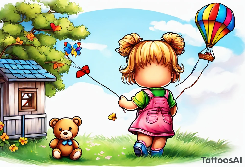 back image of a little girl in a dress, flying a kite and a teddy bear in overalls, standing beside her tattoo idea