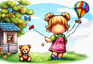 back image of a little girl in a dress, flying a kite and a teddy bear in overalls, standing beside her tattoo idea
