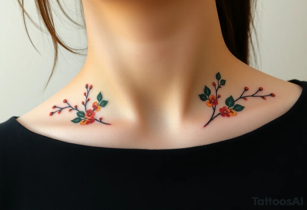 Two separate collarbone tattoos of long, thin stems and branches covered with red, orange, yellow and dark forest green leaves and flowers, muted and light, delicate and gentle but moody, long and thin, following the collarbone. tattoo idea