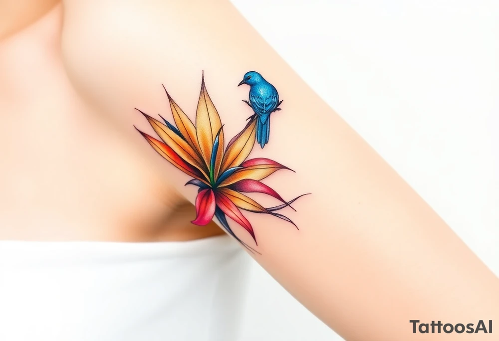 Bird of paradise flower with blue bird tattoo idea