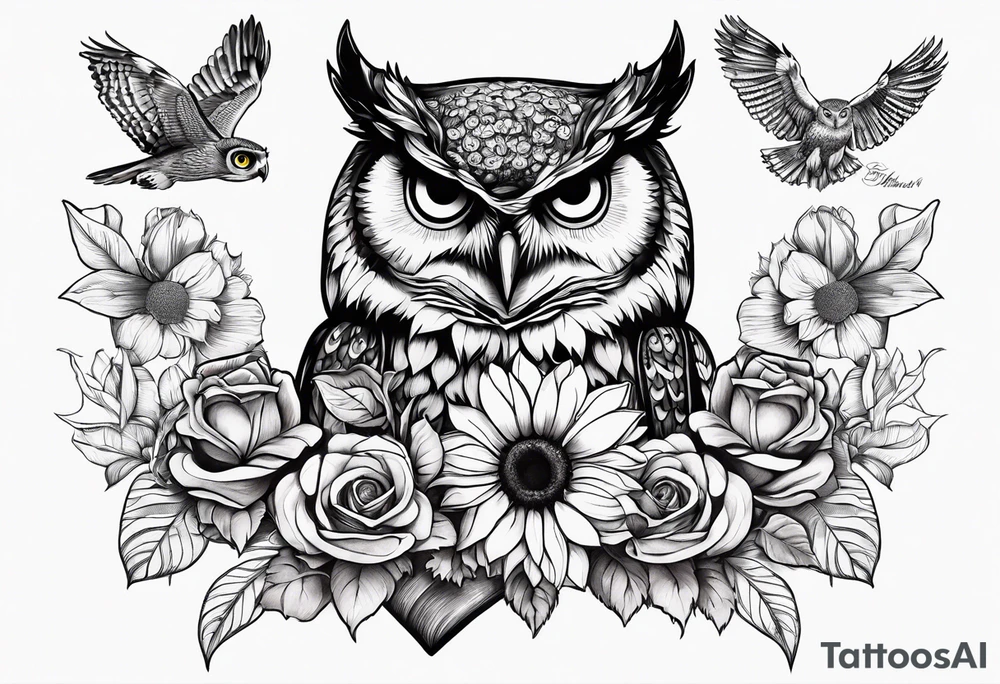 Sunflower, camera, book, owl, flower rose tattoo idea