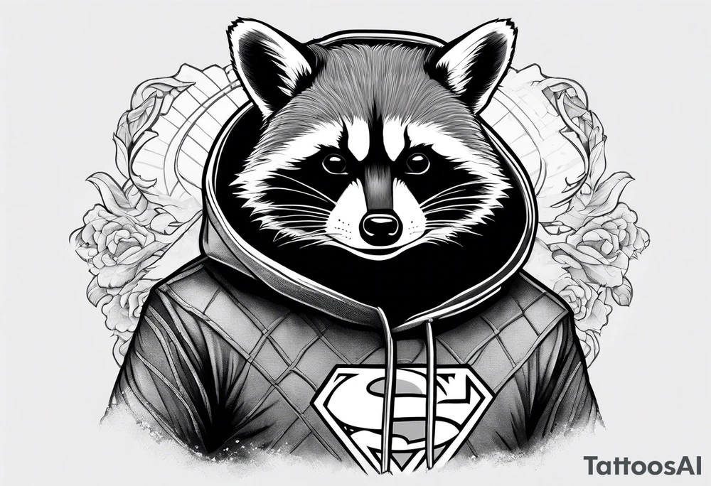 raccoon wearing a Superman hoodie tattoo idea