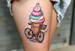 A bicycle with a giant ice cream cone with pastel pinks, blues, and creamy whites, representing indulgence and happiness. tattoo idea