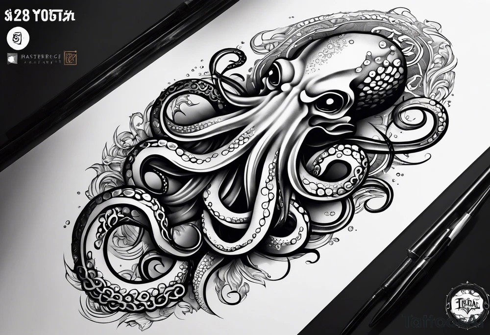 Tribal half sleeve. octopus surrounded by ribbons of water waves filled with fish. the octopus has no eyes. Use thick lines only with less detail. tattoo idea