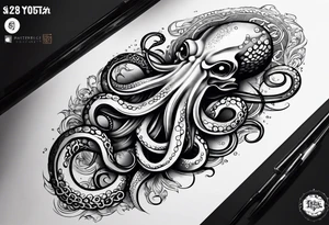 Tribal half sleeve. octopus surrounded by ribbons of water waves filled with fish. the octopus has no eyes. Use thick lines only with less detail. tattoo idea