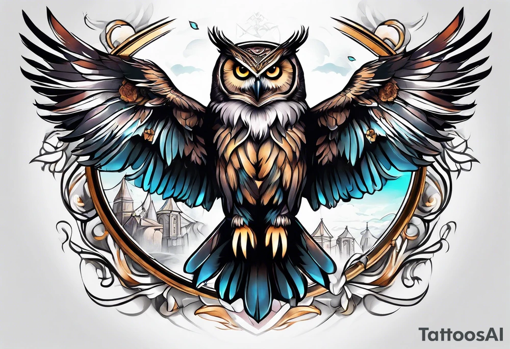Sleeve with an owl with angel wings tattoo idea