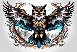 Sleeve with an owl with angel wings tattoo idea