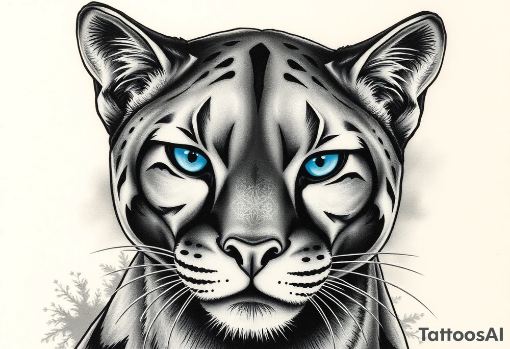 The puma should look strong, elegant, and slightly mysterious.

I want it to have striking, deep blue eyes – that’s an important feature.

Style: I’m open to realism or slightly stylized, but it should still look powerful and beautiful.

The expression should show confidence or calm focus – not aggressive, but alert and intelligent.

Background: Can be minimal or with subtle nature elements (like mist, forest shadows, or moonlight) – nothing too busy.

I’d like the overall composition to feel balanced and meaningful, something that represents inner strength and independence. I want it to look more realistic tattoo idea