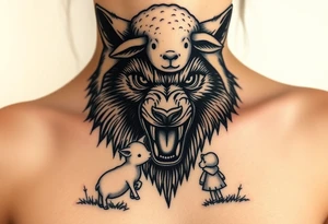 Scary Big bad wolf nursery rhyme wearing a sheep costume with sheep head as hood and eat the three little pigs and little red riding hood in the woods tattoo idea