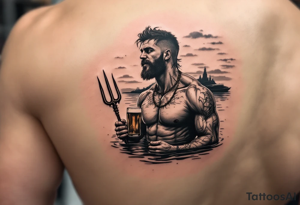 young, happy, fit, short hair, poseidon in calm water, holding a trident, drinking a beer, with sunset, with ski boat tattoo idea