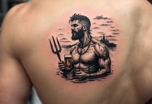 young, happy, fit, short hair, poseidon in calm water, holding a trident, drinking a beer, with sunset, with ski boat tattoo idea