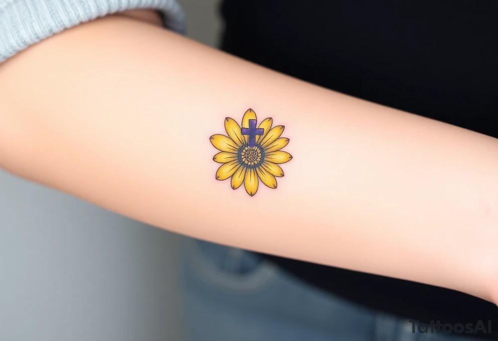 Simple yellow daisy with Purple Hearts & cross tattoo idea