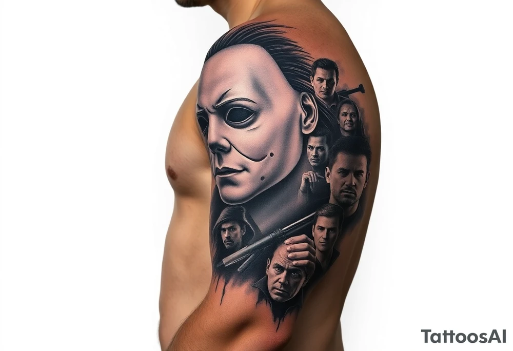 Horrormovie icon Michael Myers. I want the other horror movie icons to be filler behind Michael Myers tattoo idea