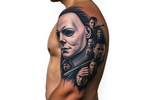 Horrormovie icon Michael Myers. I want the other horror movie icons to be filler behind Michael Myers tattoo idea