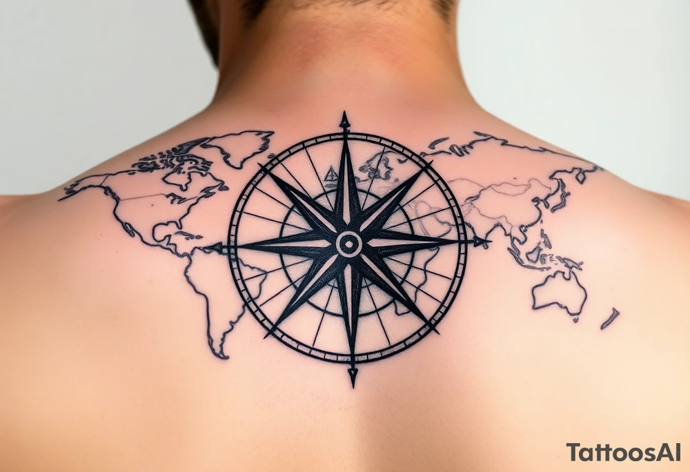antique compass rose overlaid on weathered world map with sailing ships tattoo idea