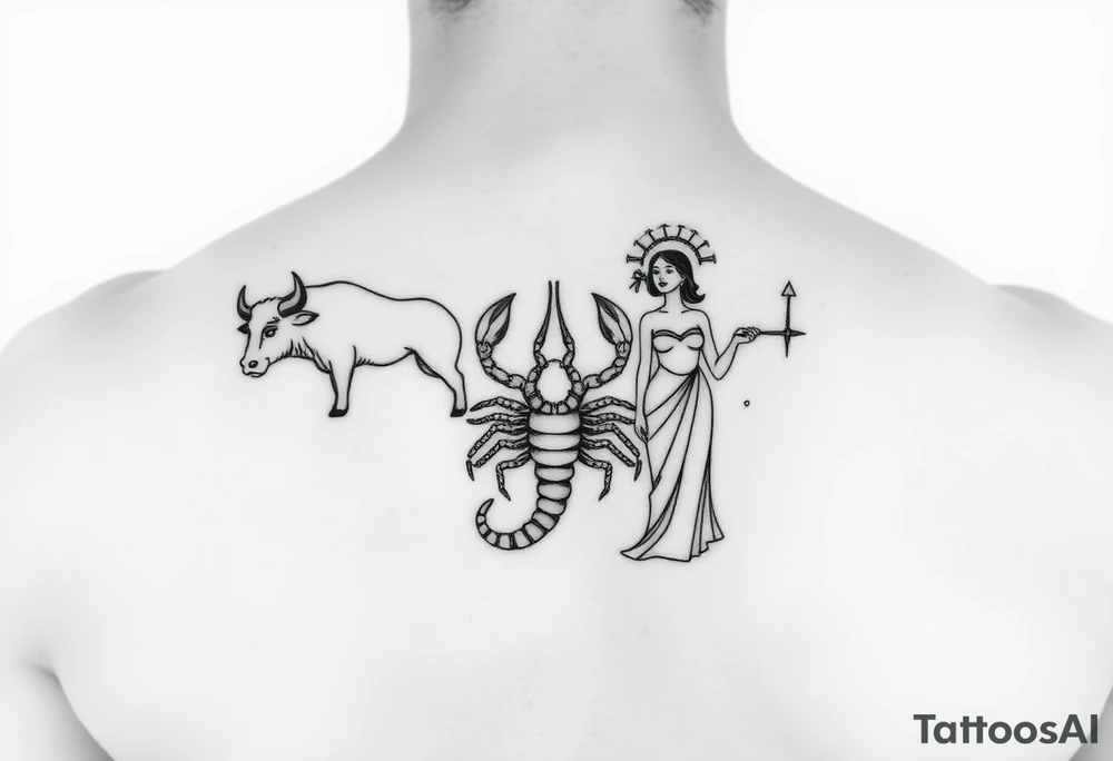 Minimalist tattoo design, featuring three distinct figures: a powerful bull, a stylized scorpion, and a graceful maiden (Virgo), fine line art style, black ink, white background, clean contours, no shading, elegant composition, sophisticated masculine aesthetic, high contrast tattoo idea