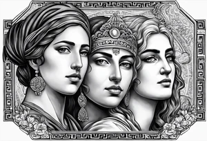 three greek people side by side. a really really young Daughter on the left, mother in the middle, really really old grandmother on the right. greater age difference, in an artfully decorated frame tattoo idea