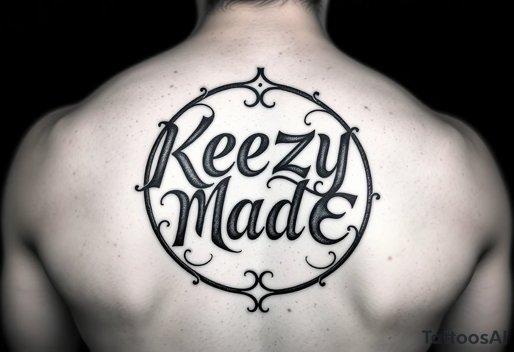 letters only fancy but rugged twisted and intertwined circular arched curvy lettering in a circular  forum that would be clothing brand style that says (KeezY MadE) almost the the roca wear symbol clothing brand tattoo idea