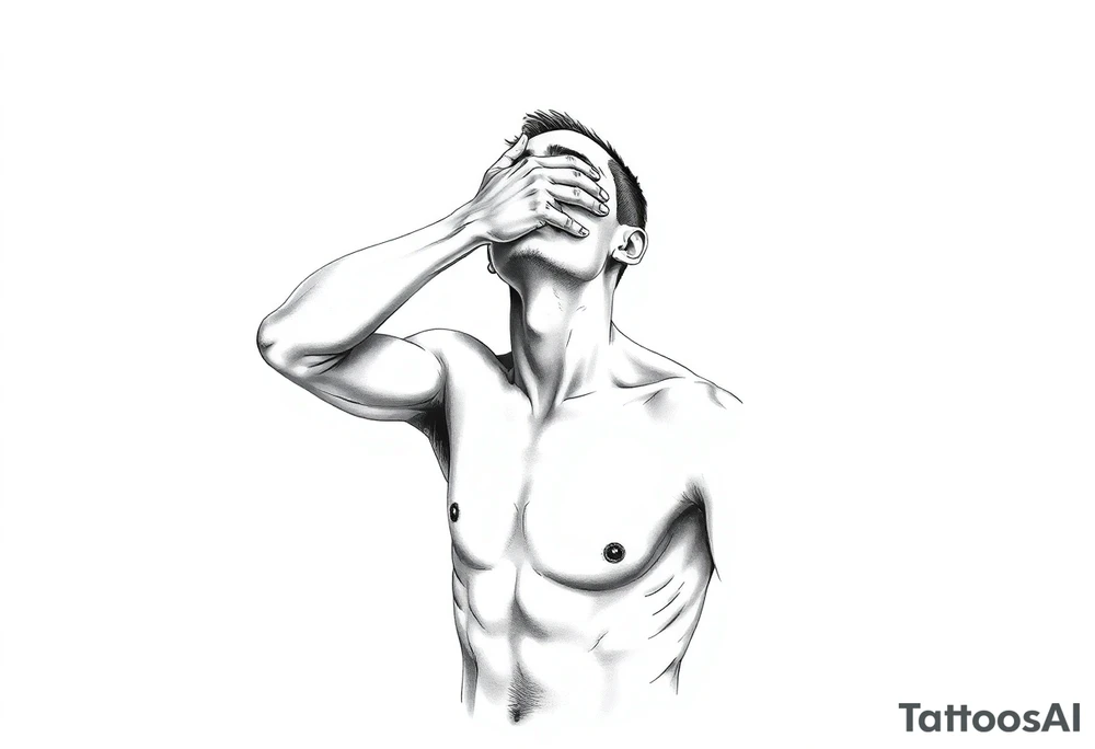 a naked man covering his eyes and mouth and looking up the sky tattoo idea