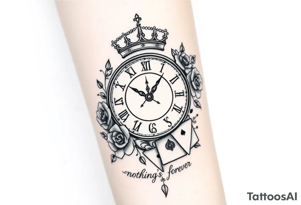 Broken Roman clock with a crown, surrounded by  roses and a quote that says nothings forever and with playing cards tattoo idea