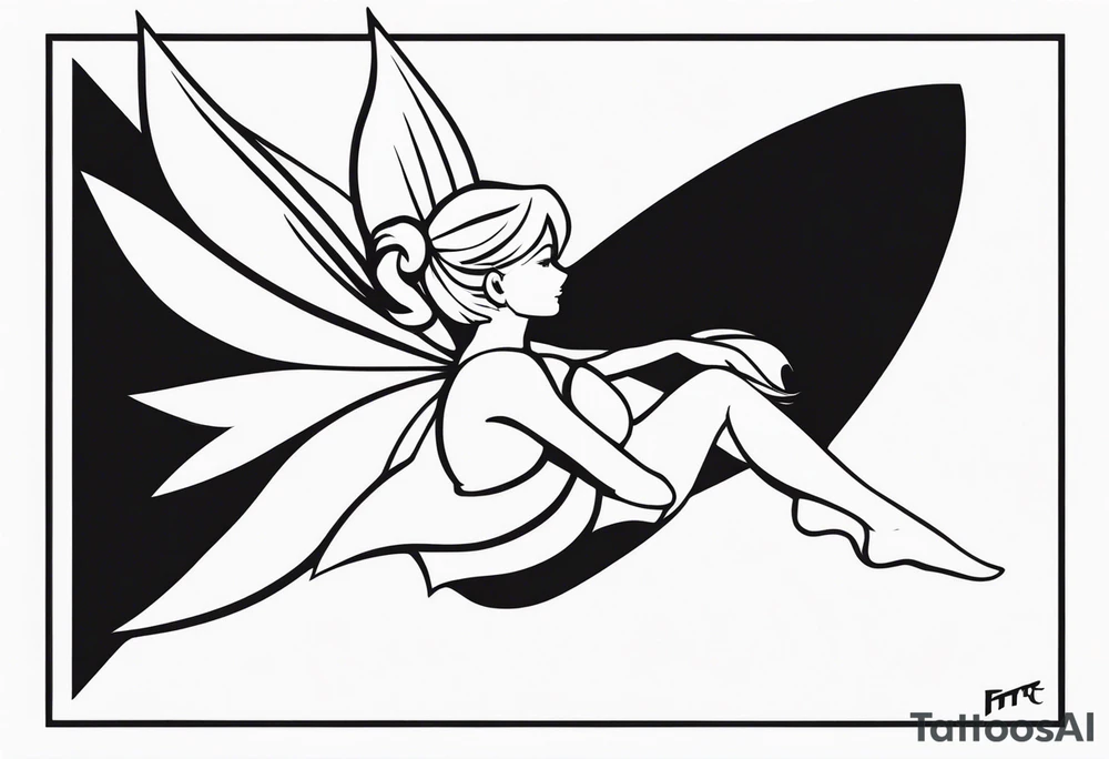 Minimalistic, monochromatic fairy with a tail flying to the left in a fetal position, leaning and looking in the same direction, with visible hands, embodying the 'Fairy Tail' logo aesthetic. tattoo idea