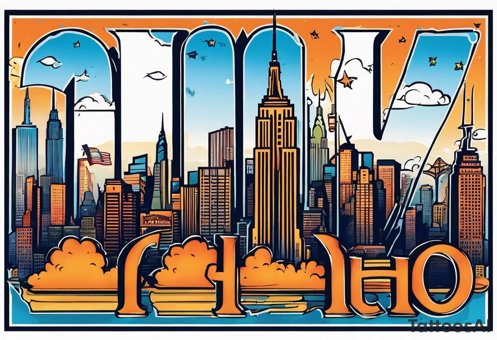 The New York skyline and the letters “A.O.” In the sky across tattoo idea