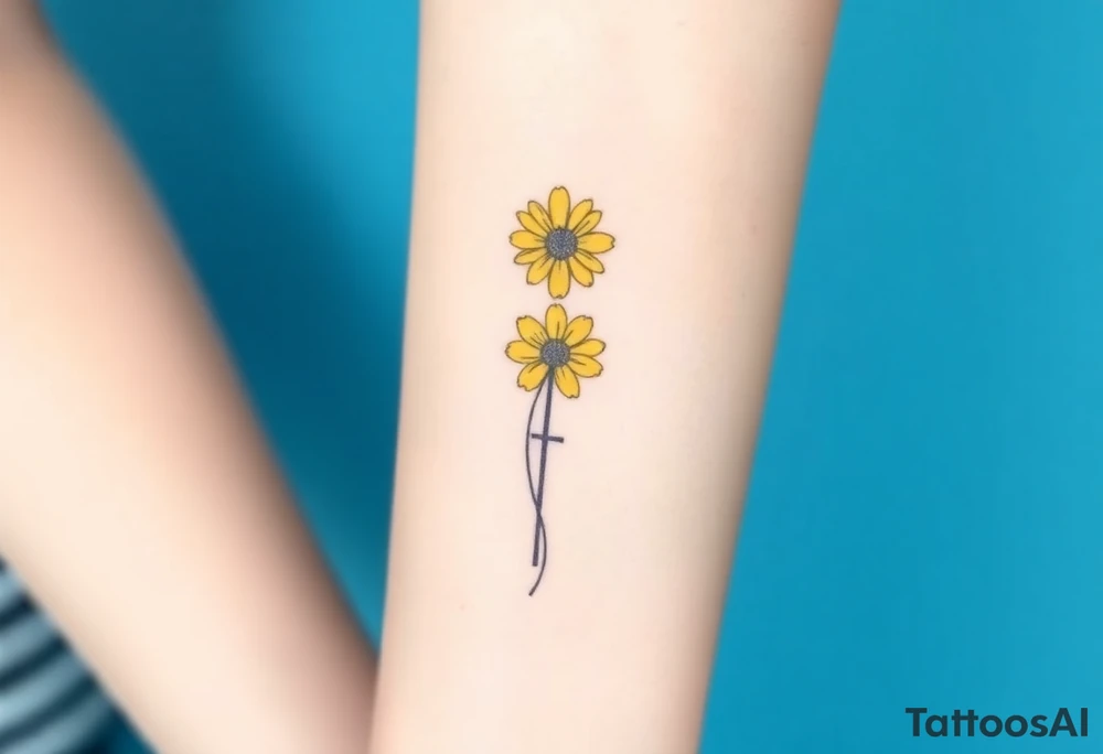 Simple yellow daisy with Purple Hearts & cross tattoo idea