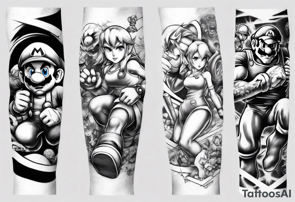 Arm sleeve with Mario, Samus Aran and Link in a realistic anime style tattoo idea