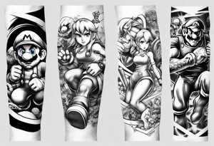 Arm sleeve with Mario, Samus Aran and Link in a realistic anime style tattoo idea