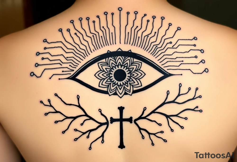 Central Element: A large, stylized eye is the focal point.

The iris of the eye is filled with a mandala pattern, symbolizing depth, balance, and inner awareness.

The lines are fine and clean, forming symmetrical layers and floral-like geometry within the mandala.

Upper Design: From the top of the eye extend circuit-like branches, mimicking electronic pathways.

These lines rise vertically and diagonally in symmetrical fashion, ending in rounded circuit nodes, representing intelligence, logic, and the digital mind.

Lower Design: From the bottom of the eye extend natural tree roots.

These branches flow organically and curve outward, grounding the symbol with themes of nature, growth, and spiritual connection.

Text Element: Below the tree roots is the word "σοφία" in Ancient Greek, meaning wisdom.

The font is clean and classical, giving it a timeless, philosophical presence.

Religious Symbol: Directly below the Greek word is a simple, black cross.

The cross is thin, minimal, and vertically aligned with the center of the eye, representing faith, spirituality, or divine guidance.

Placement: back tattoo idea