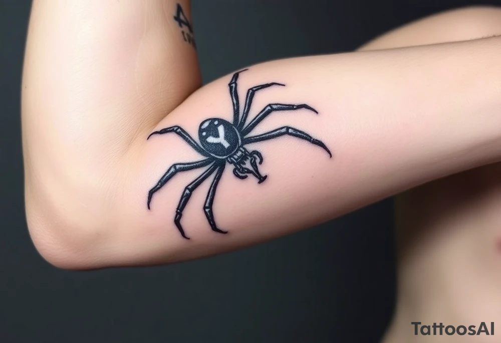 Black widow Spider crawling down sideways with the letter Y on the body of the spider tattoo idea