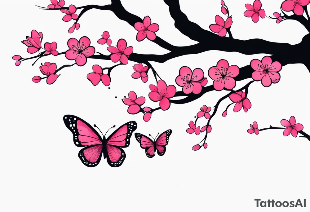 Vibrant, pink plum blossom branches with colorful butterflies tattoo idea