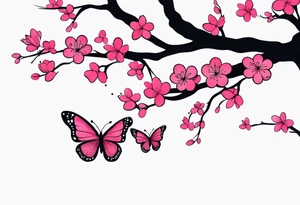 Vibrant, pink plum blossom branches with colorful butterflies tattoo idea