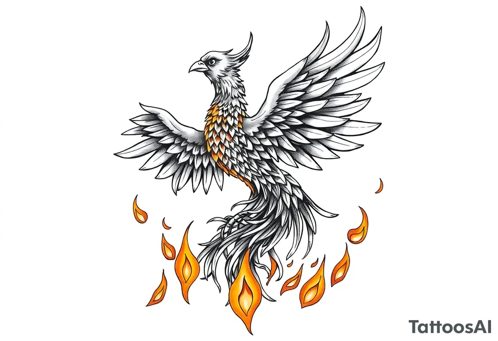 magnificent phoenix rising from golden flames with trailing embers tattoo idea