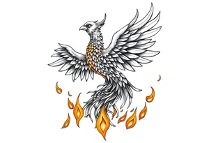 magnificent phoenix rising from golden flames with trailing embers tattoo idea