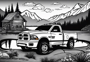 2nd gen dodge ram 1500 single cab short bed in front of a pond with a sign that says gone fishing 
With a mansitting and fishing in the pond tattoo idea