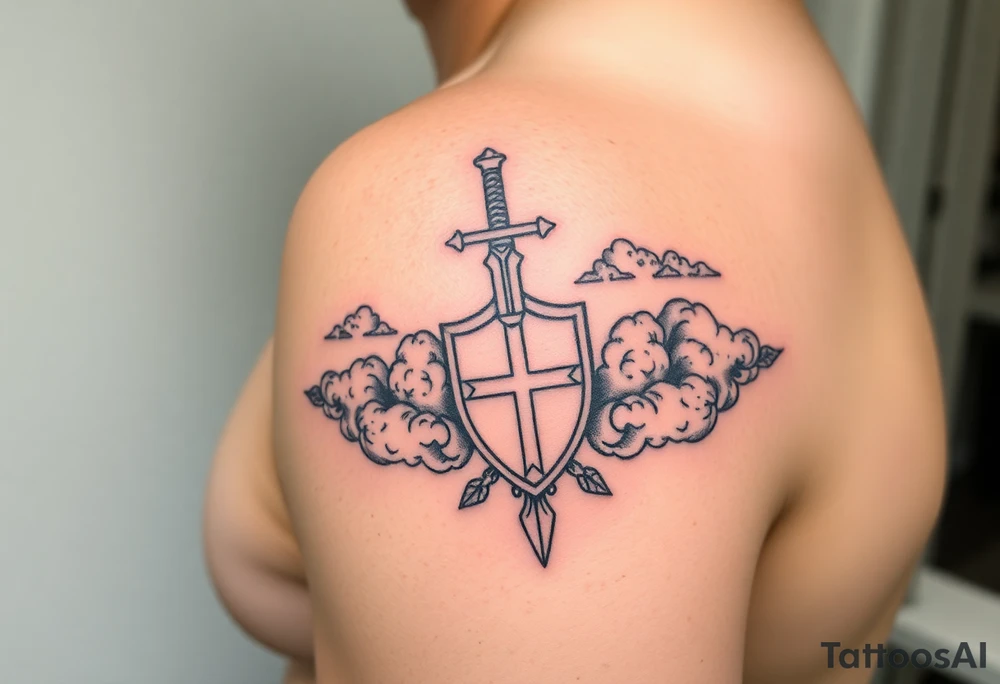 Half sleeve. King Alfred the great, sword, clouds, shield, cross tattoo idea