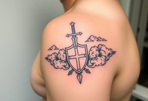 Half sleeve. King Alfred the great, sword, clouds, shield, cross tattoo idea