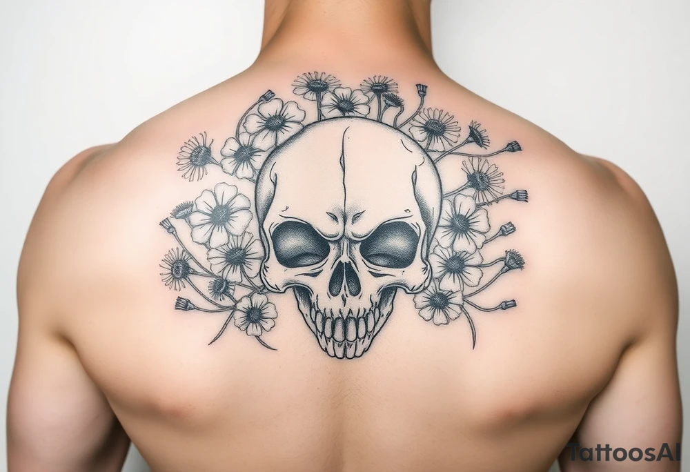 Skull surrounded by honeysuckles and dandelions tattoo idea Skull surrounded by honeysuckles and dandelions tattoo idea