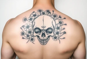 Skull surrounded by honeysuckles and dandelions tattoo idea