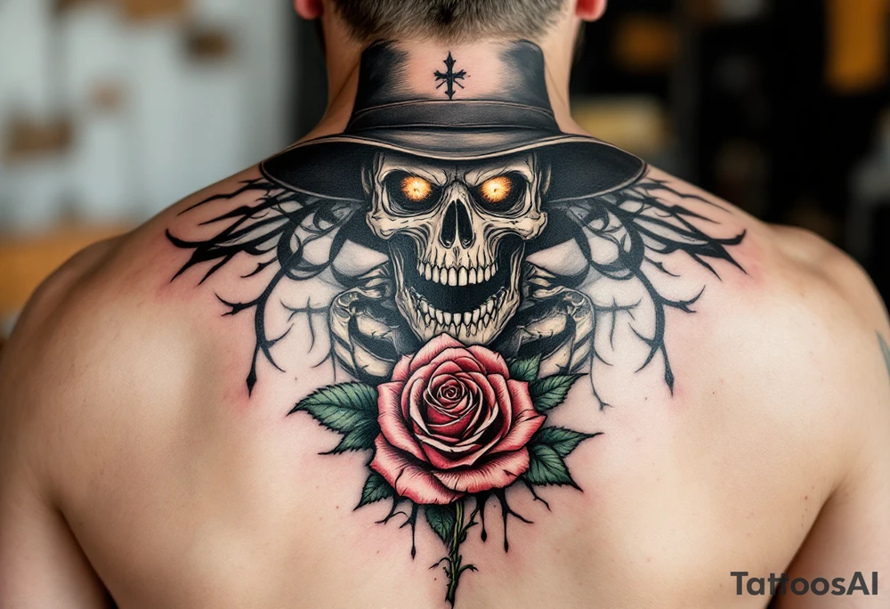 a full body skeleton cowboy gunslinger with a rose in his mouth. tattoo idea