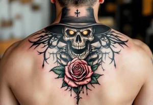 a full body skeleton cowboy gunslinger with a rose in his mouth. tattoo idea